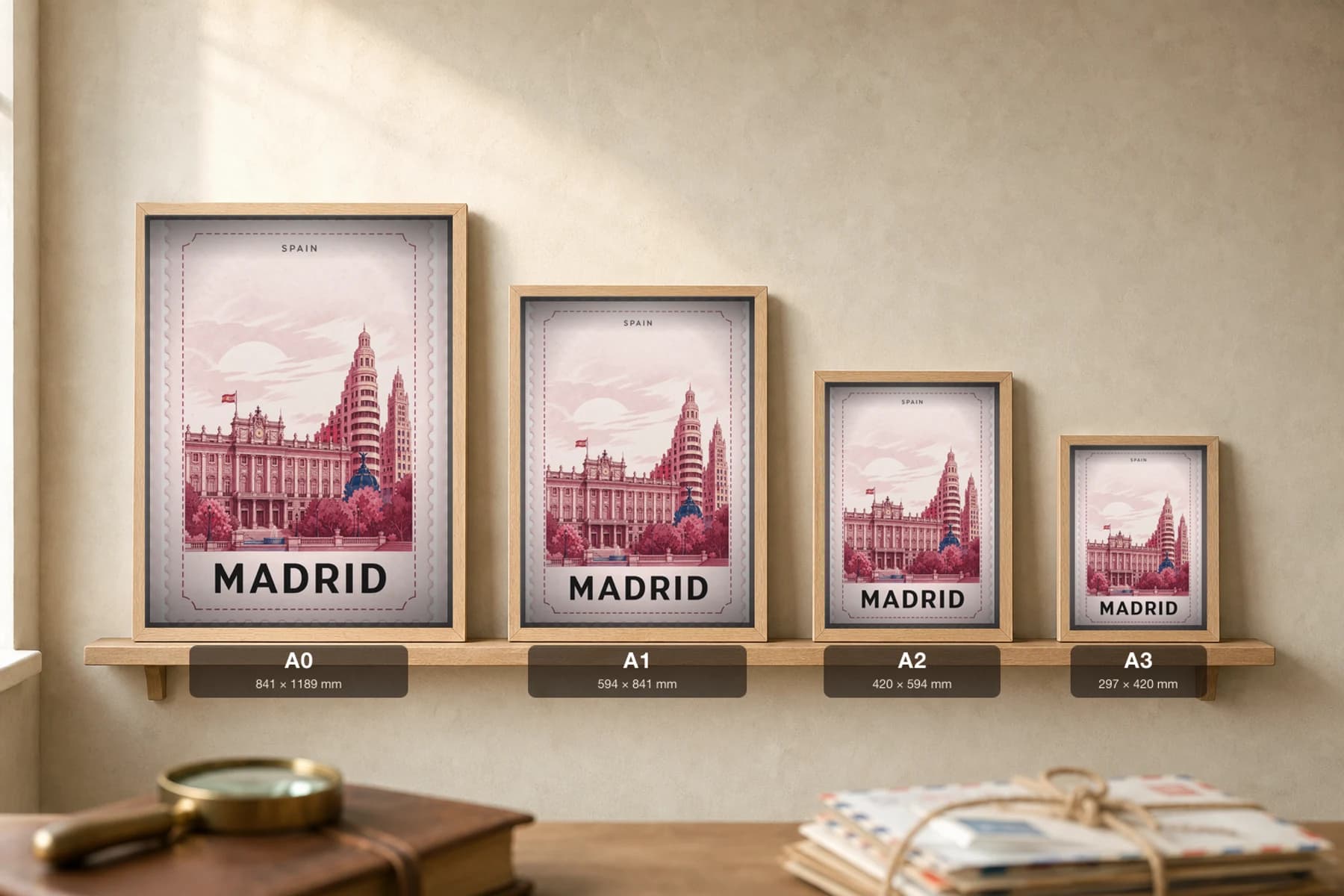 Madrid City Stamp Poster — Spain travel wall art · illustrated stamp print · framed A2 — print size guide showing the artwork at A0, A1, A2 and A3 in natural-oak frames at true relative scale