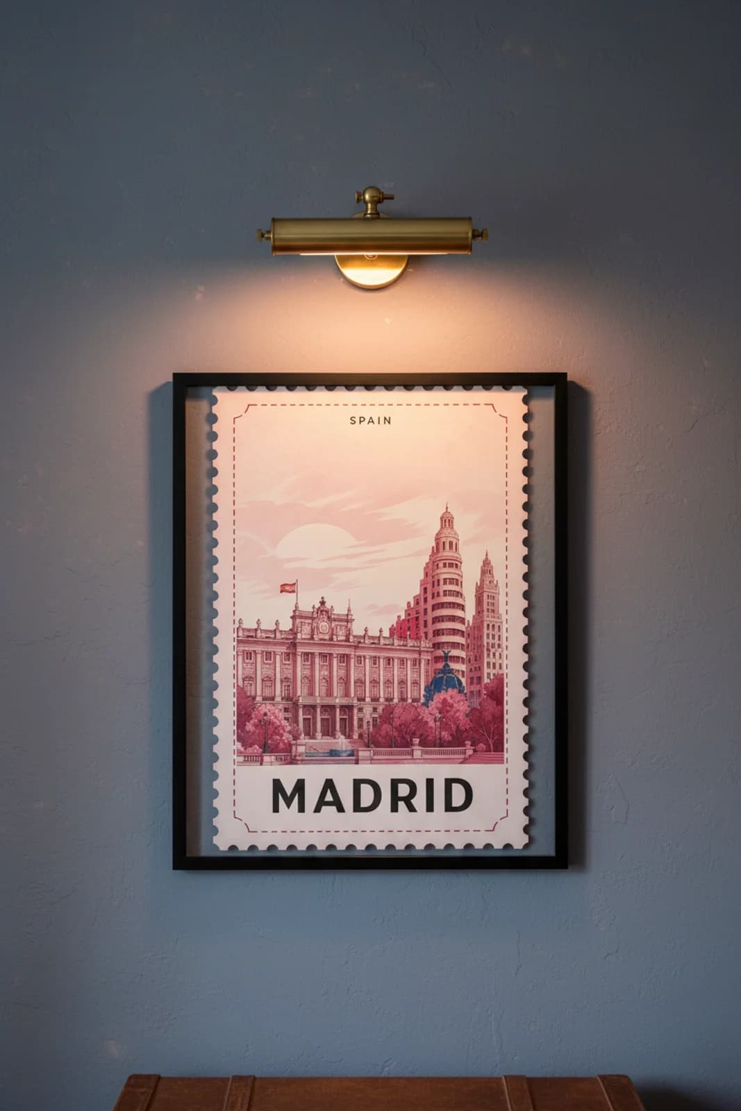 Madrid city stamp print in black A2 frame on wcs-europe-0728 postage-indigo wall — City Stamps mockup