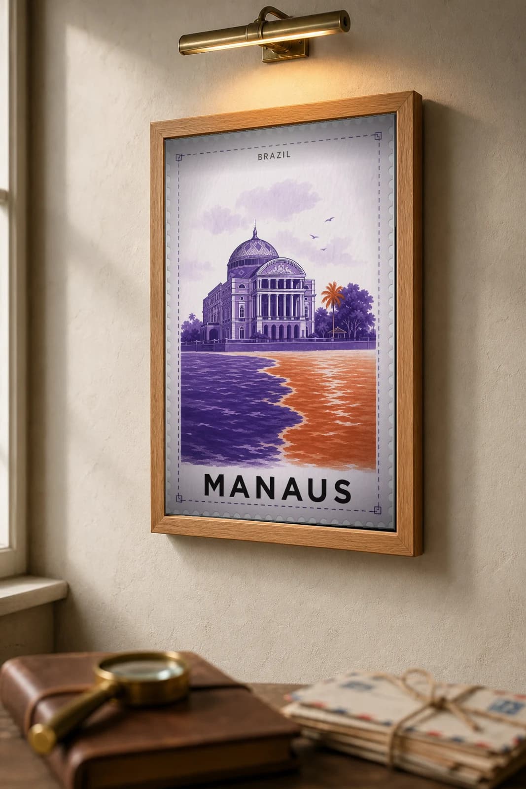 Manaus City Stamp Poster — Brazil travel wall art · illustrated stamp print · framed A2 — the framed print shown at a three-quarter angle on a styled gallery wall in a natural-oak frame
