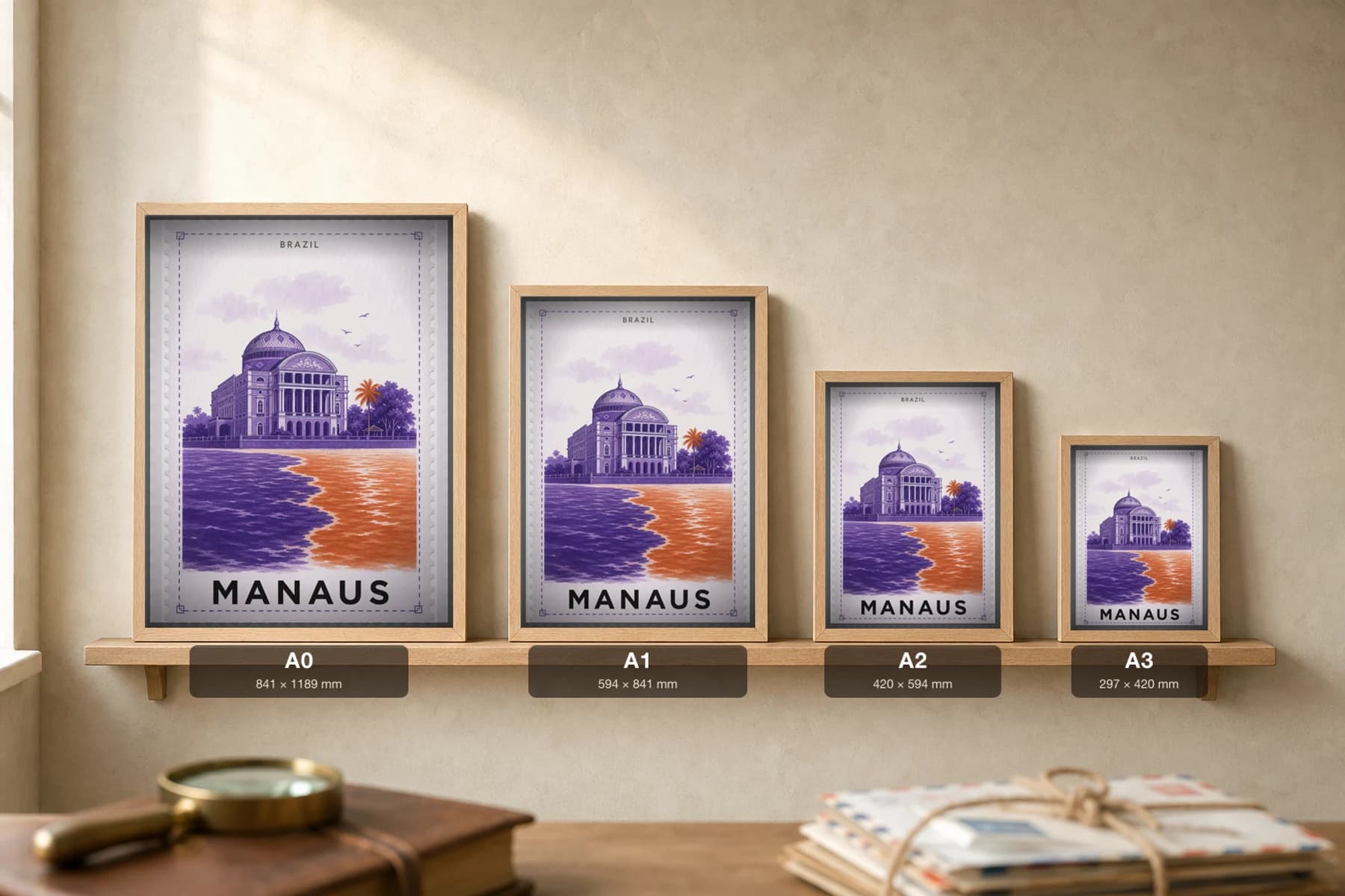 Manaus City Stamp Poster — Brazil travel wall art · illustrated stamp print · framed A2 — print size guide showing the artwork at A0, A1, A2 and A3 in natural-oak frames at true relative scale