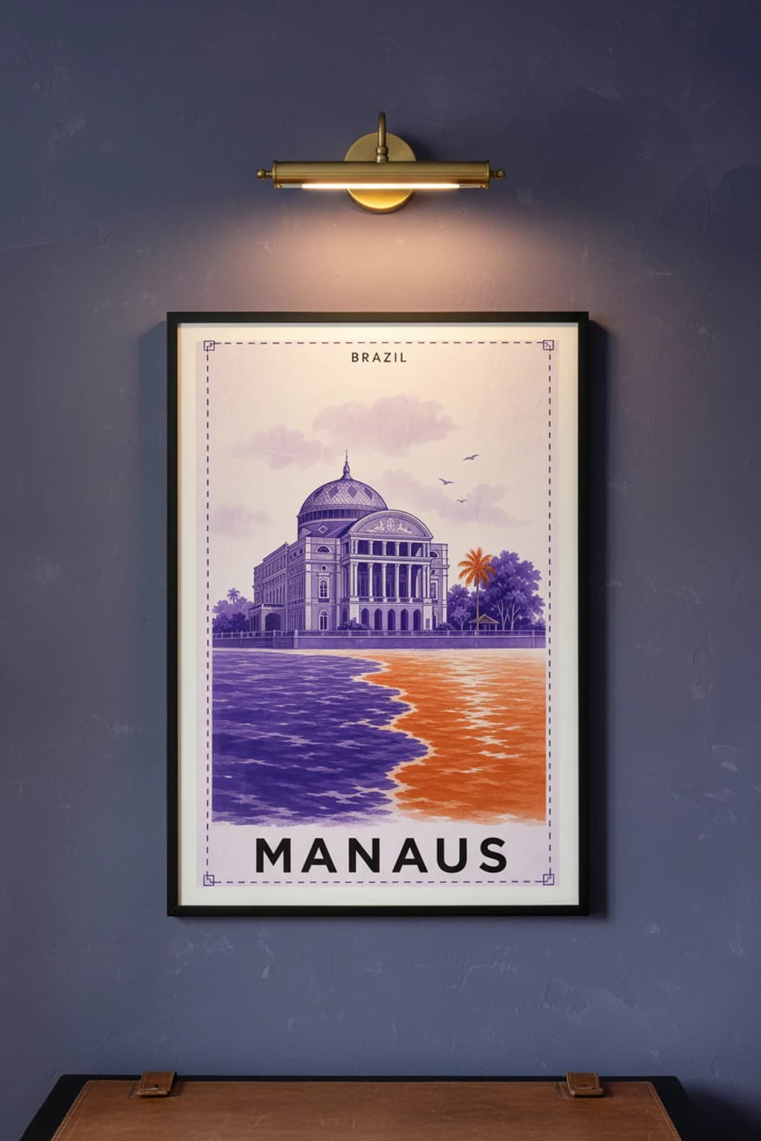 Manaus city stamp print in black A2 frame on wcs-americas-3999 postage-indigo wall — City Stamps mockup