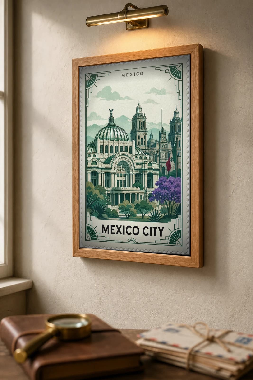 Mexico City City Stamp Poster — Mexico travel wall art · illustrated stamp print · framed A2 — the framed print shown at a three-quarter angle on a styled gallery wall in a natural-oak frame