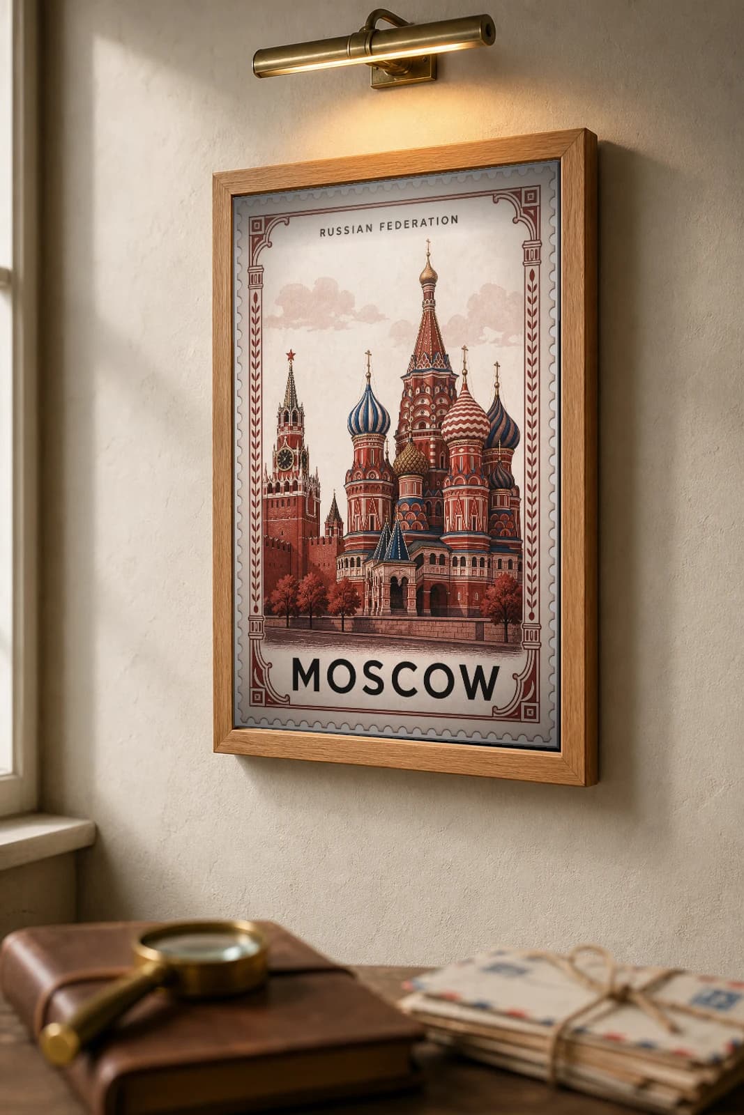 Moscow City Stamp Poster — Russian Federation travel wall art · illustrated stamp print · framed A2 — the framed print shown at a three-quarter angle on a styled gallery wall in a natural-oak frame