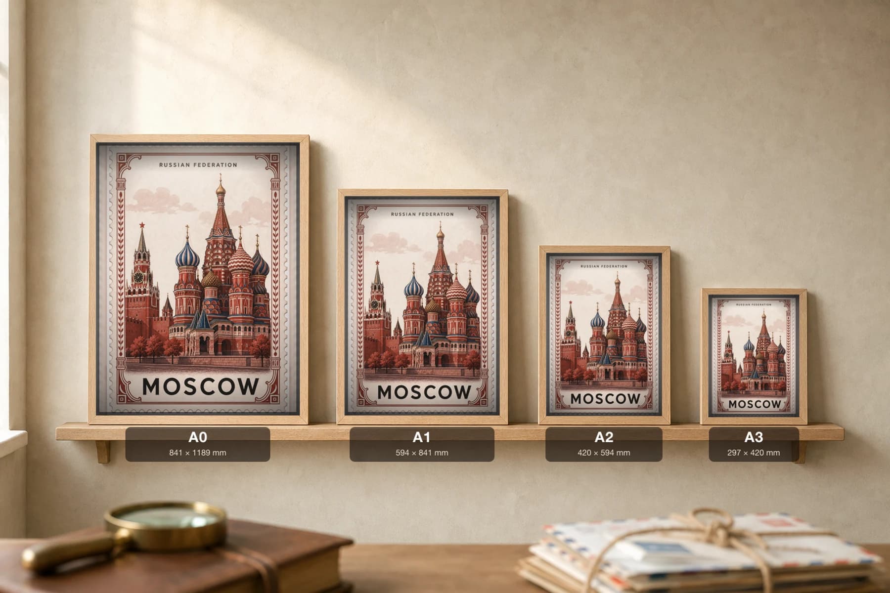 Moscow City Stamp Poster — Russian Federation travel wall art · illustrated stamp print · framed A2 — print size guide showing the artwork at A0, A1, A2 and A3 in natural-oak frames at true relative scale