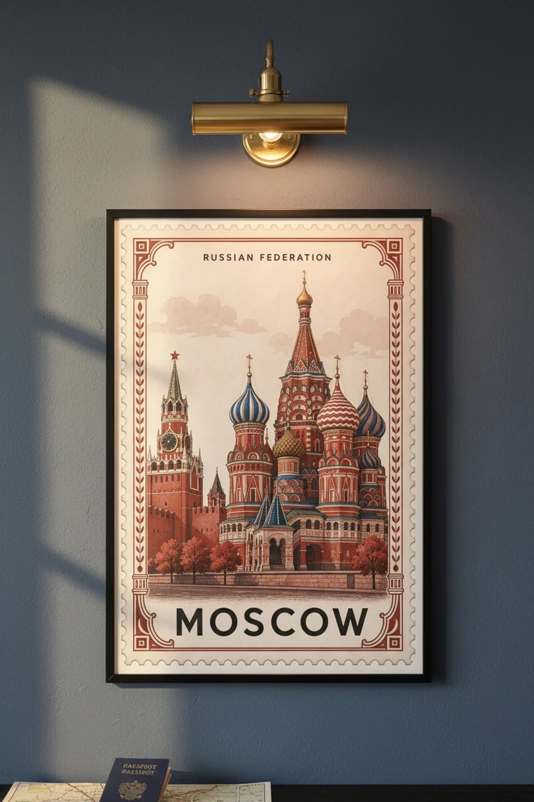 Moscow city stamp print in black A2 frame on wcs-europe-8613 postage-indigo wall — City Stamps mockup
