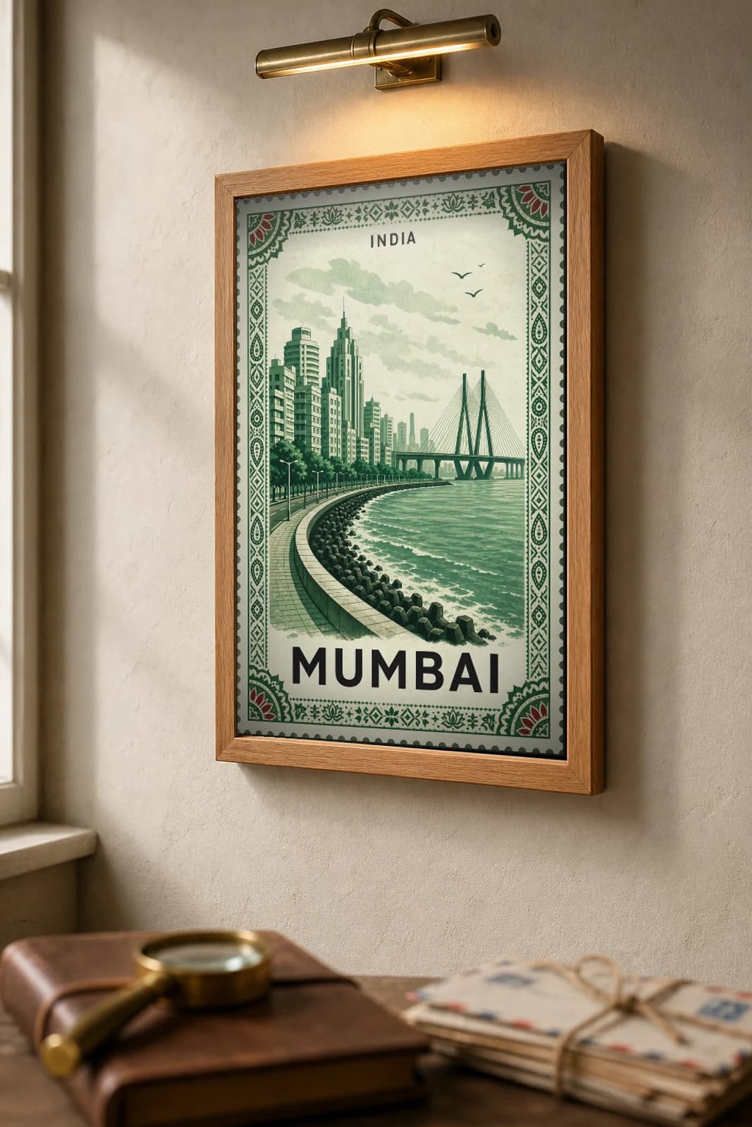 Mumbai City Stamp Poster — India travel wall art · illustrated stamp print · framed A2 — the framed print shown at a three-quarter angle on a styled gallery wall in a natural-oak frame