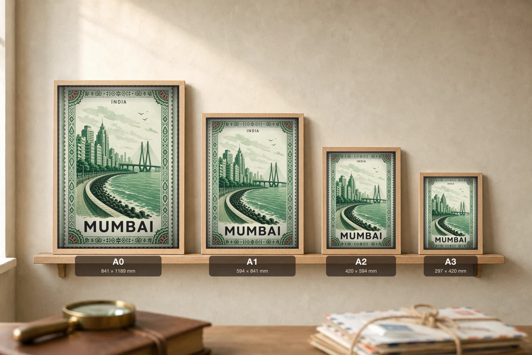 Mumbai City Stamp Poster — India travel wall art · illustrated stamp print · framed A2 — print size guide showing the artwork at A0, A1, A2 and A3 in natural-oak frames at true relative scale