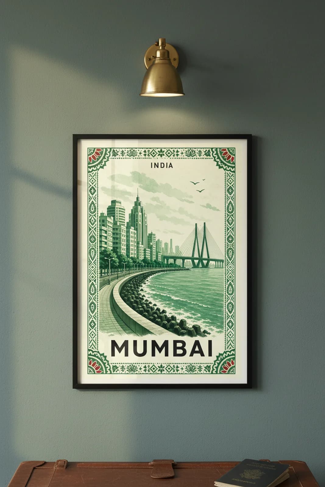 Mumbai city stamp print in black A2 frame on wcs-asia-9705 postage-indigo wall — City Stamps mockup