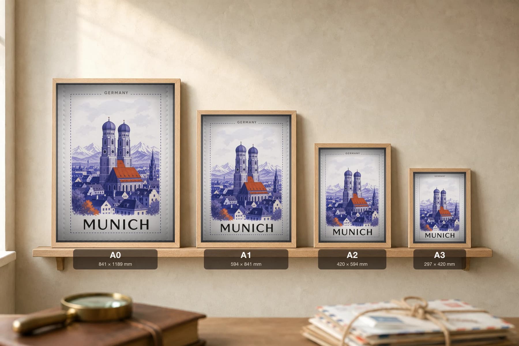 Munich City Stamp Poster — Germany travel wall art · illustrated stamp print · framed A2 — print size guide showing the artwork at A0, A1, A2 and A3 in natural-oak frames at true relative scale