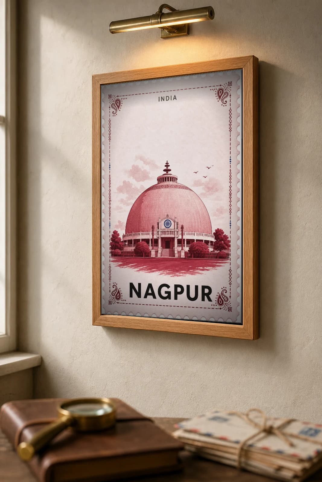 Nagpur City Stamp Poster — India travel wall art · illustrated stamp print · framed A2 — the framed print shown at a three-quarter angle on a styled gallery wall in a natural-oak frame