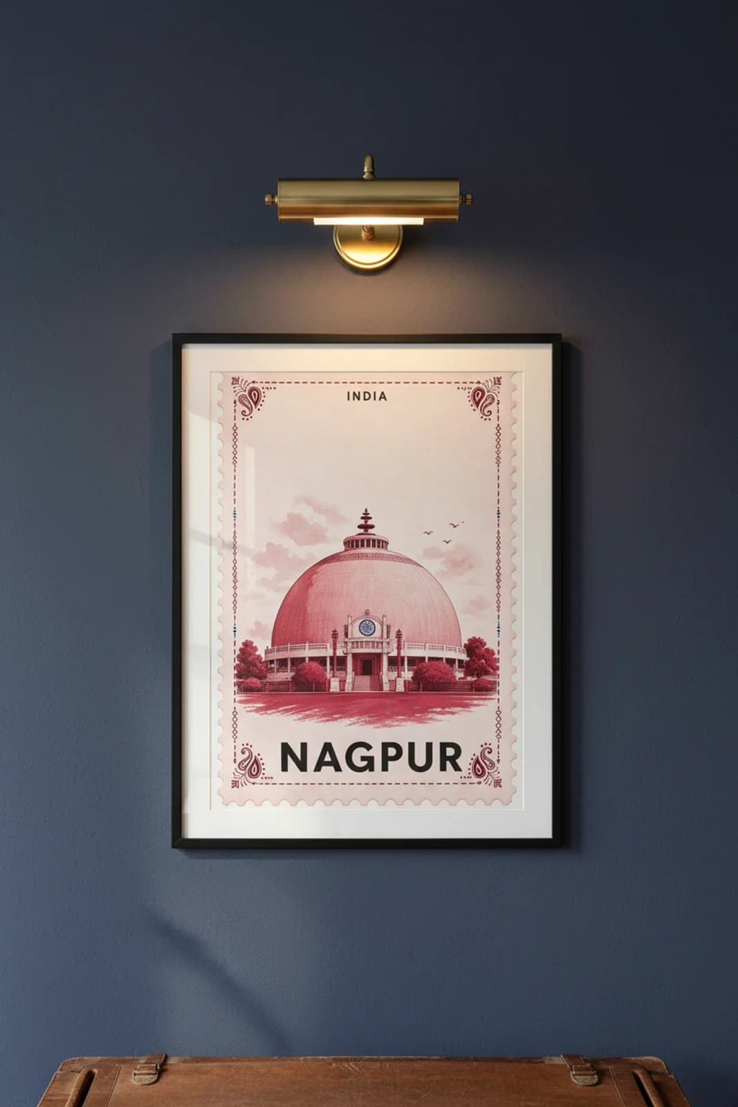 Nagpur city stamp print in black A2 frame on wcs-asia-9964 postage-indigo wall — City Stamps mockup