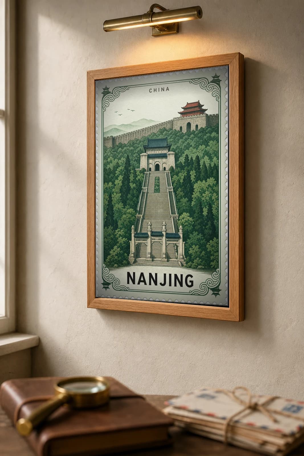 Nanjing City Stamp Poster — China travel wall art · illustrated stamp print · framed A2 — the framed print shown at a three-quarter angle on a styled gallery wall in a natural-oak frame