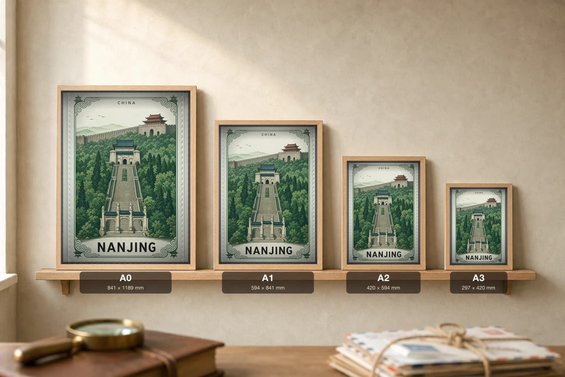 Nanjing City Stamp Poster — China travel wall art · illustrated stamp print · framed A2 — print size guide showing the artwork at A0, A1, A2 and A3 in natural-oak frames at true relative scale