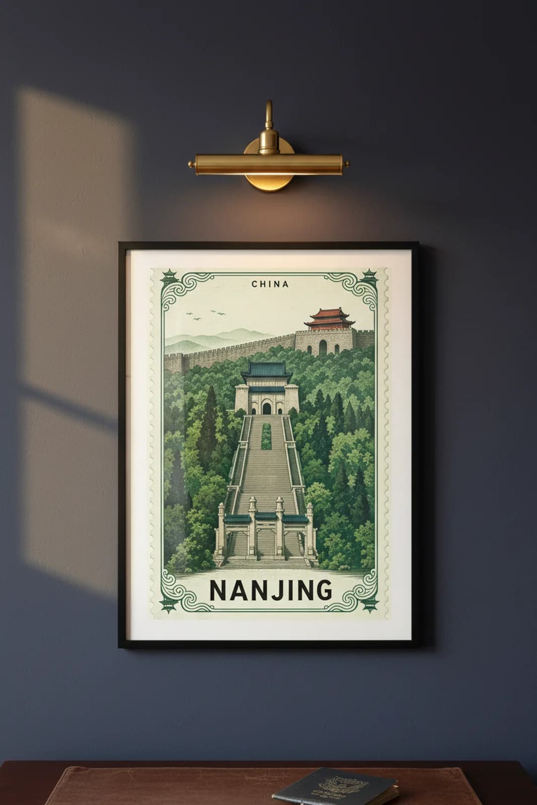 Nanjing city stamp print in black A2 frame on wcs-asia-1785 postage-indigo wall — City Stamps mockup