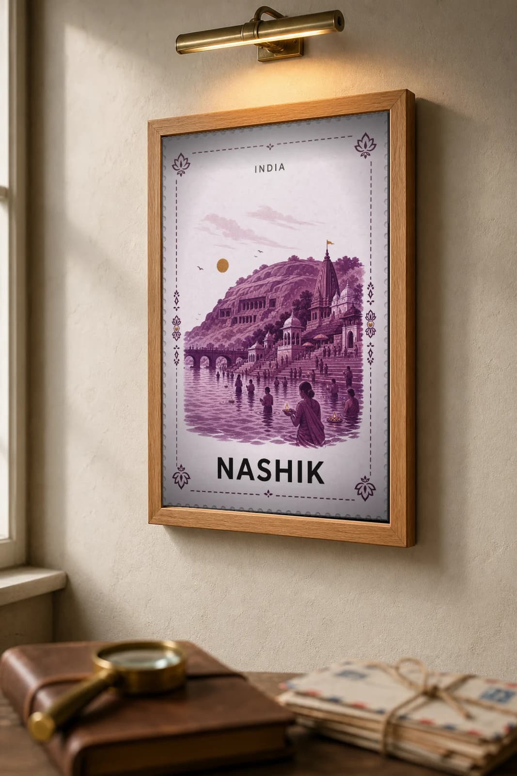 Nashik City Stamp Poster — India travel wall art · illustrated stamp print · framed A2 — the framed print shown at a three-quarter angle on a styled gallery wall in a natural-oak frame