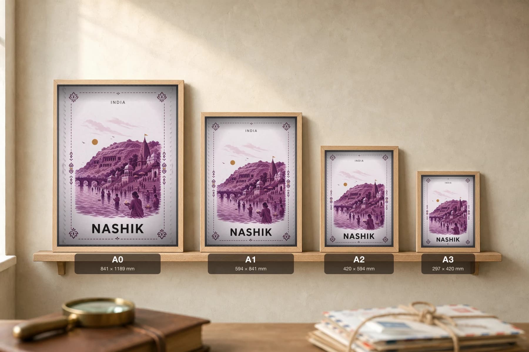 Nashik City Stamp Poster — India travel wall art · illustrated stamp print · framed A2 — print size guide showing the artwork at A0, A1, A2 and A3 in natural-oak frames at true relative scale