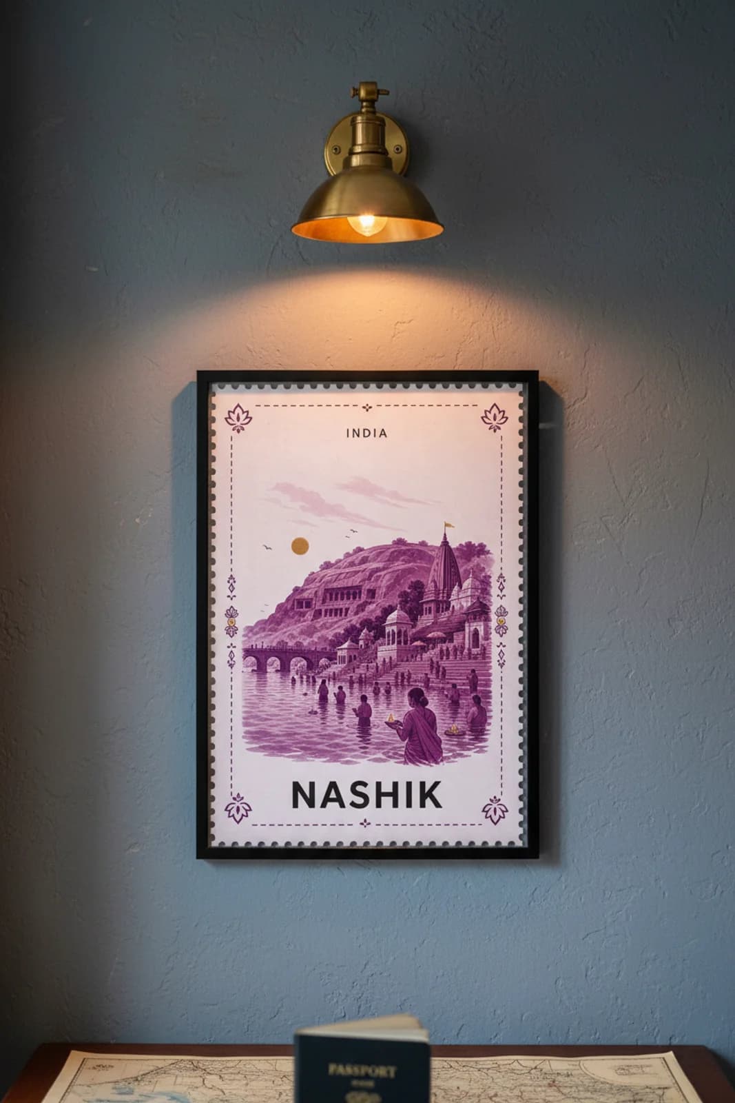 Nashik city stamp print in black A2 frame on wcs-asia-5188 postage-indigo wall — City Stamps mockup