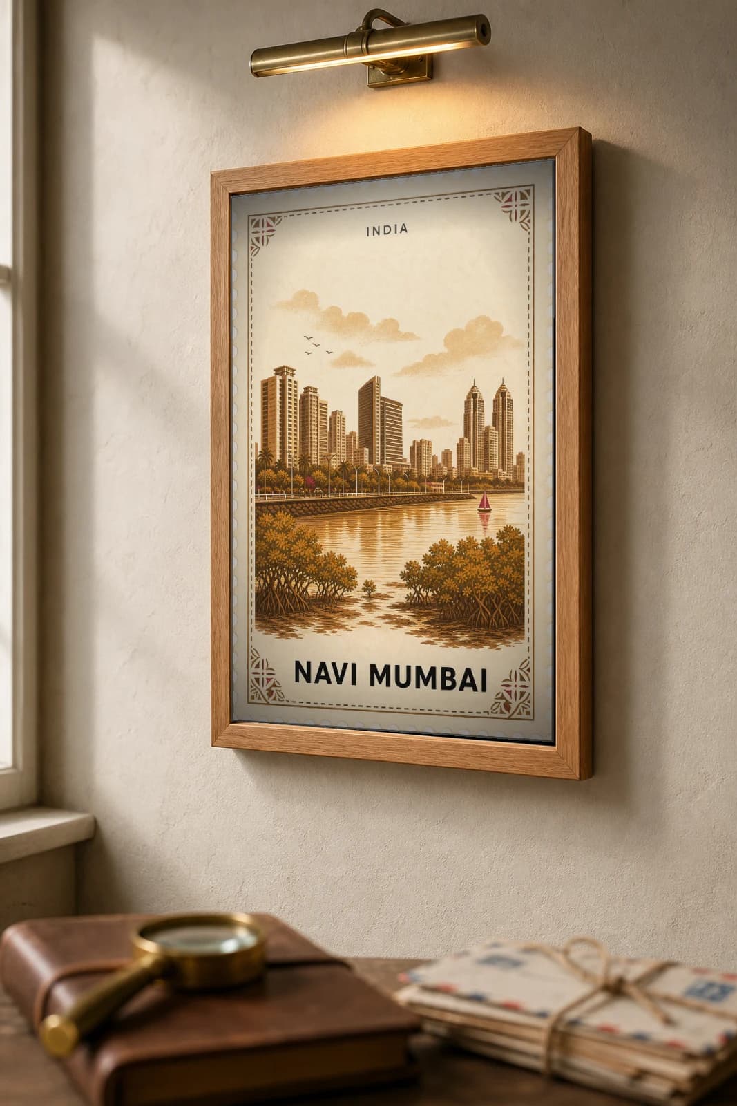 Navi Mumbai City Stamp Poster — India travel wall art · illustrated stamp print · framed A2 — the framed print shown at a three-quarter angle on a styled gallery wall in a natural-oak frame