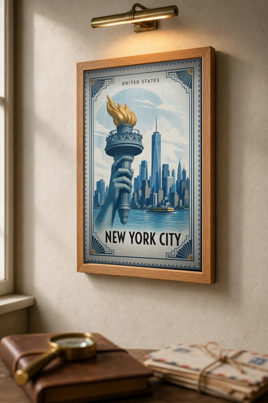 New York City City Stamp Poster — United States travel wall art · illustrated stamp print · framed A2 — the framed print shown at a three-quarter angle on a styled gallery wall in a natural-oak frame