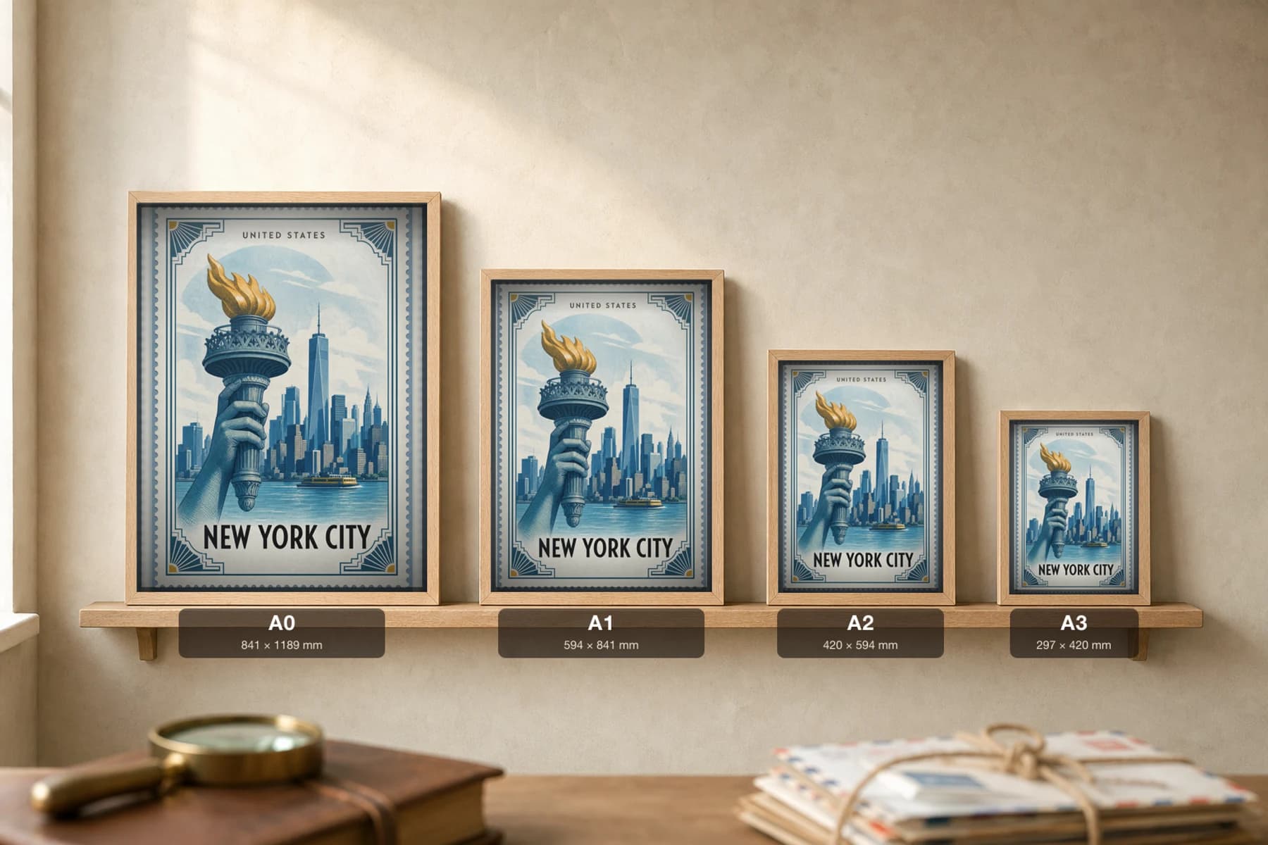New York City City Stamp Poster — United States travel wall art · illustrated stamp print · framed A2 — print size guide showing the artwork at A0, A1, A2 and A3 in natural-oak frames at true relative scale