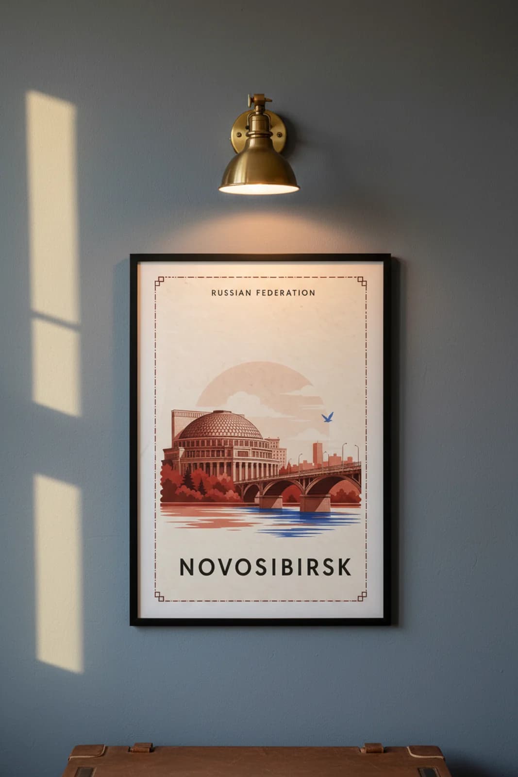 Novosibirsk city stamp print in black A2 frame on wcs-europe-9490 postage-indigo wall — City Stamps mockup