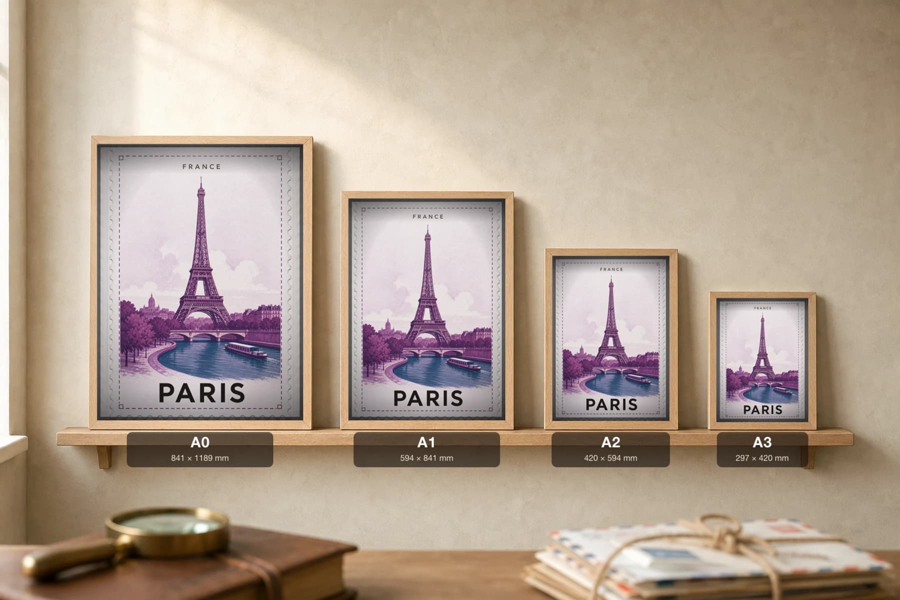 Paris City Stamp Poster — France travel wall art · illustrated stamp print · framed A2 — print size guide showing the artwork at A0, A1, A2 and A3 in natural-oak frames at true relative scale