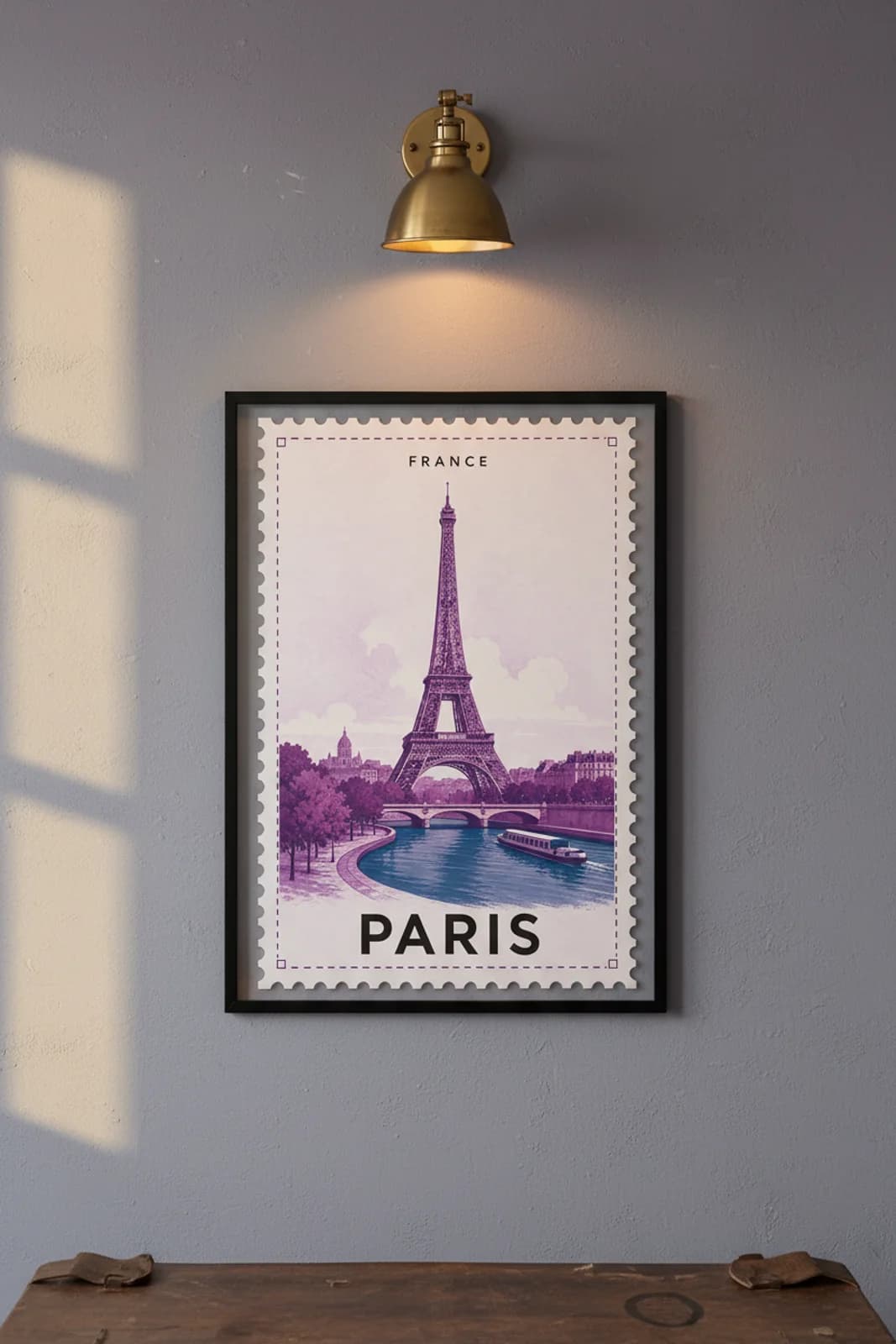 Paris city stamp print in black A2 frame on wcs-europe-7794 postage-indigo wall — City Stamps mockup