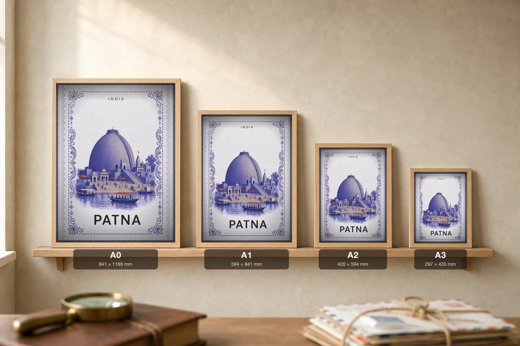 Patna City Stamp Poster — India travel wall art · illustrated stamp print · framed A2 — print size guide showing the artwork at A0, A1, A2 and A3 in natural-oak frames at true relative scale