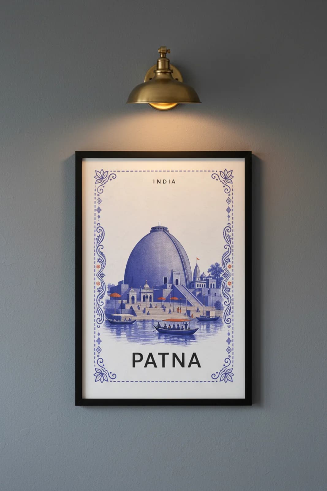 Patna city stamp print in black A2 frame on wcs-asia-6431 postage-indigo wall — City Stamps mockup