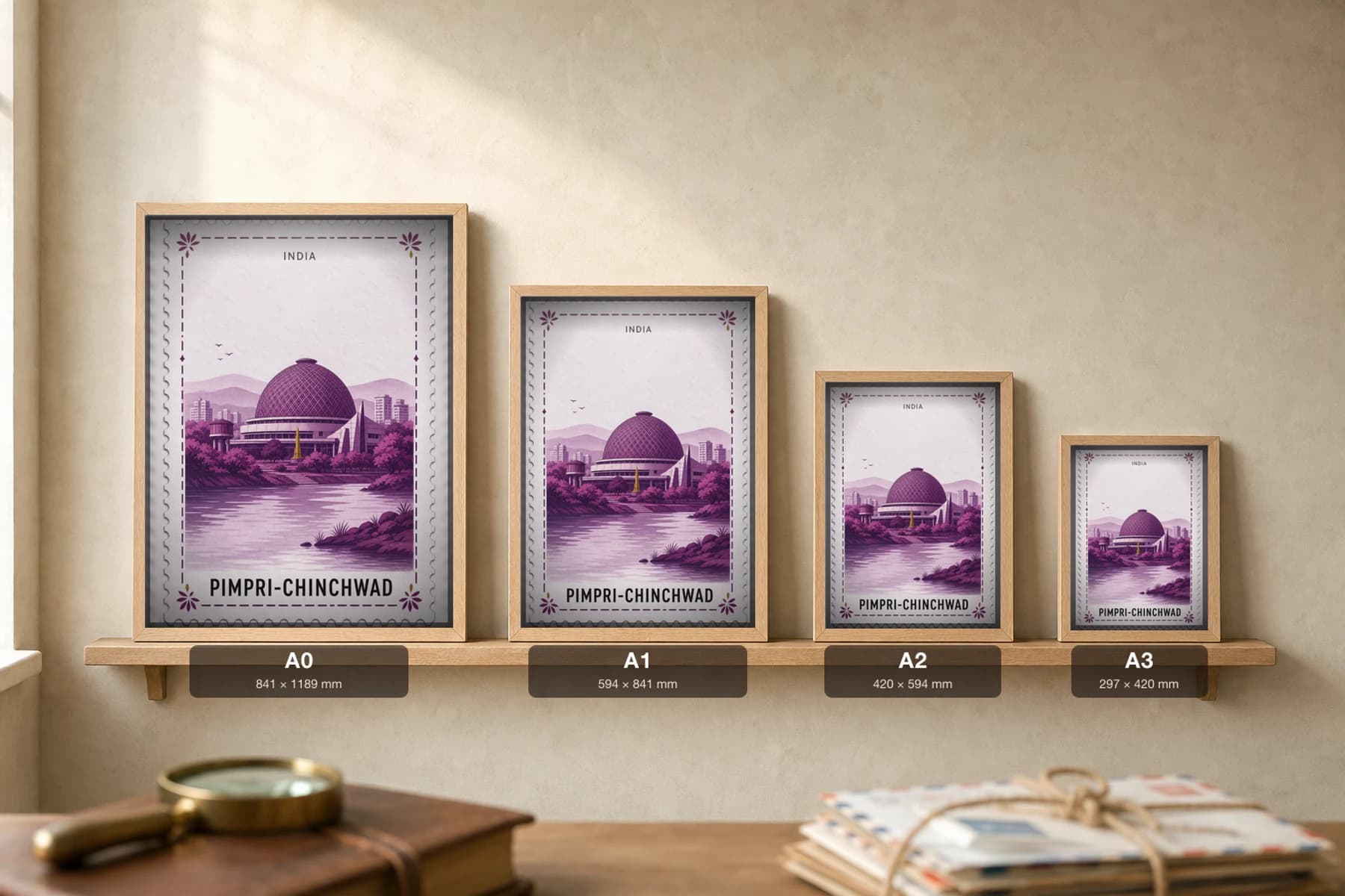 Pimpri-Chinchwad City Stamp Poster — India travel wall art · illustrated stamp print · framed A2 — print size guide showing the artwork at A0, A1, A2 and A3 in natural-oak frames at true relative scale