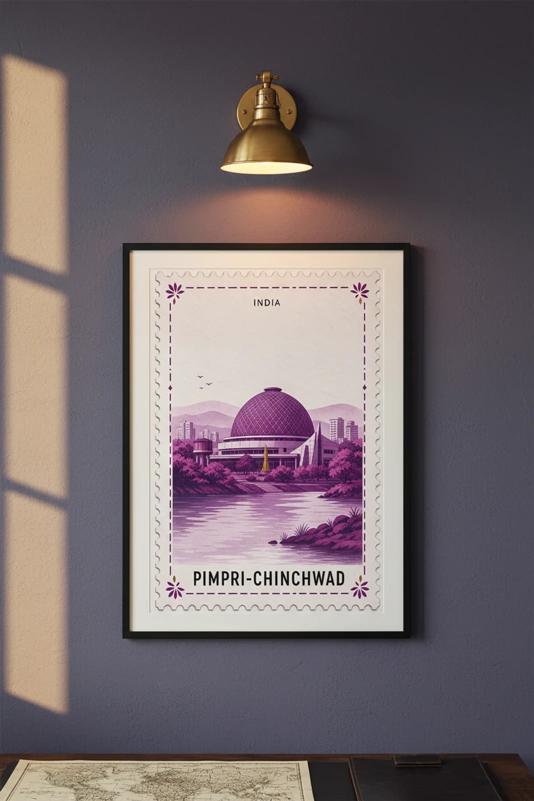 Pimpri-Chinchwad city stamp print in black A2 frame on wcs-asia-9762 postage-indigo wall — City Stamps mockup