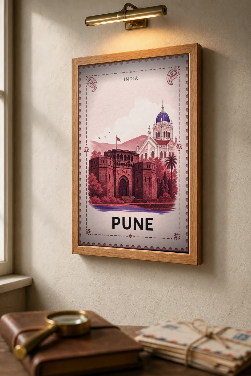 Pune City Stamp Poster — India travel wall art · illustrated stamp print · framed A2 — the framed print shown at a three-quarter angle on a styled gallery wall in a natural-oak frame