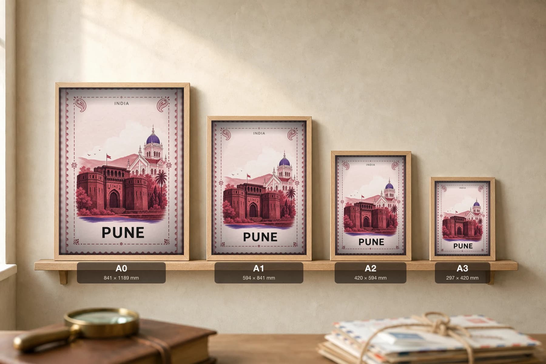 Pune City Stamp Poster — India travel wall art · illustrated stamp print · framed A2 — print size guide showing the artwork at A0, A1, A2 and A3 in natural-oak frames at true relative scale