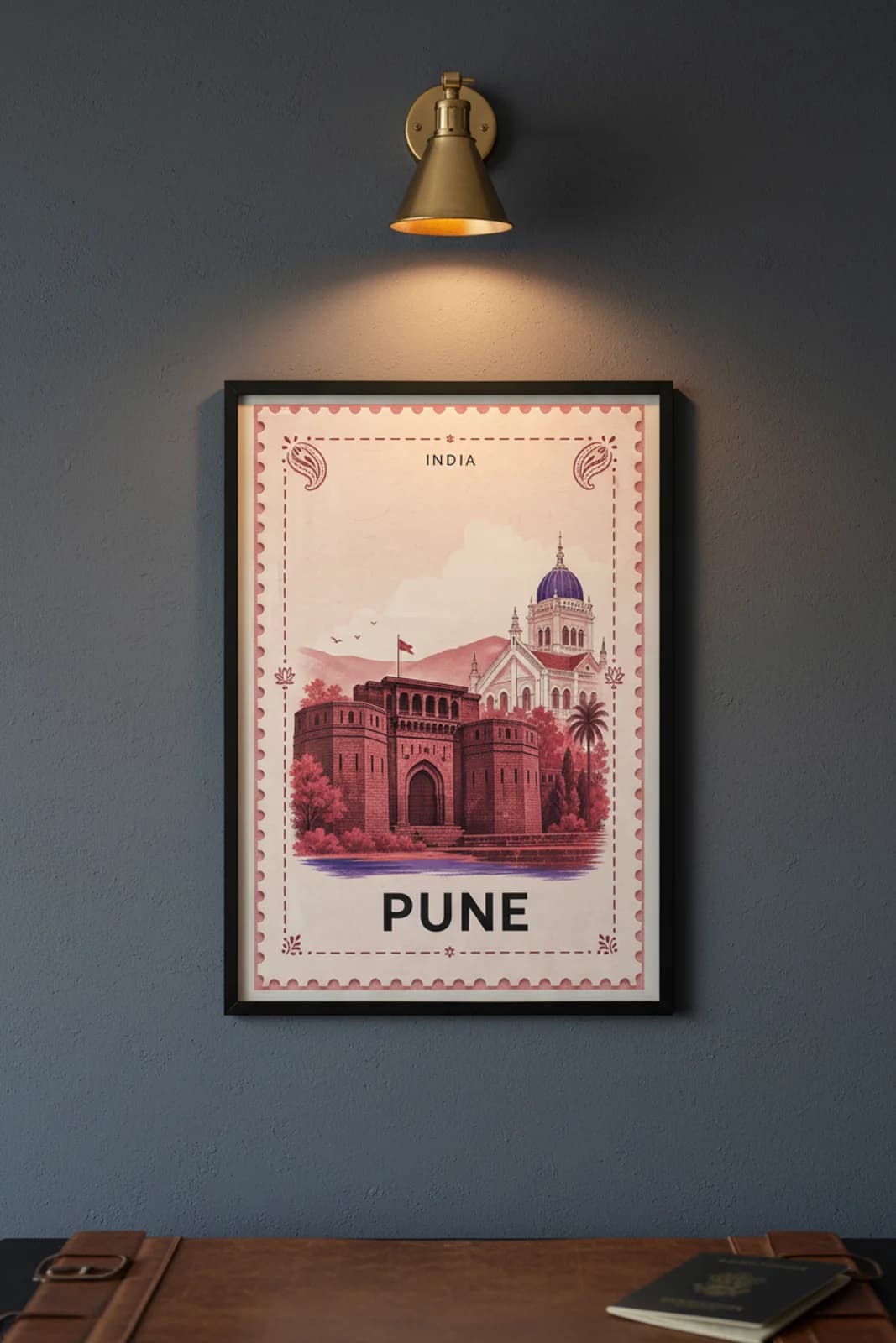 Pune city stamp print in black A2 frame on wcs-asia-5314 postage-indigo wall — City Stamps mockup
