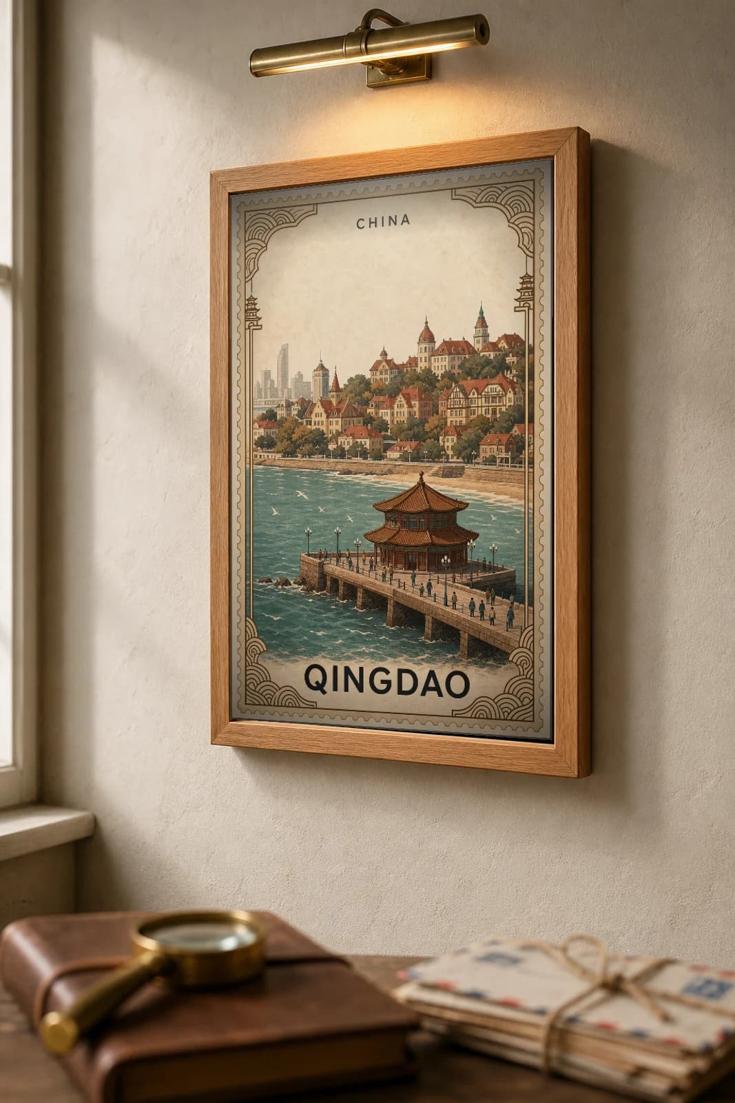 Qingdao City Stamp Poster — China travel wall art · illustrated stamp print · framed A2 — the framed print shown at a three-quarter angle on a styled gallery wall in a natural-oak frame