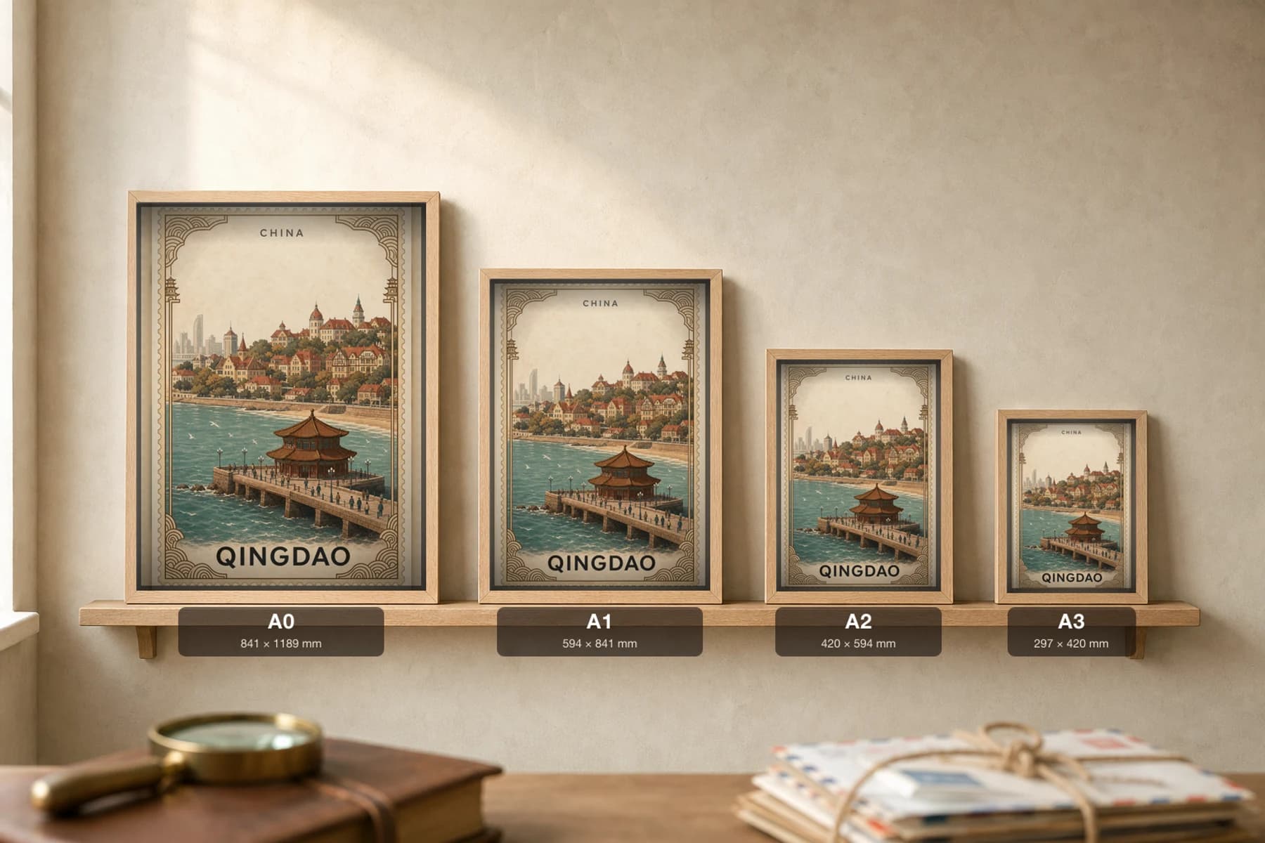Qingdao City Stamp Poster — China travel wall art · illustrated stamp print · framed A2 — print size guide showing the artwork at A0, A1, A2 and A3 in natural-oak frames at true relative scale