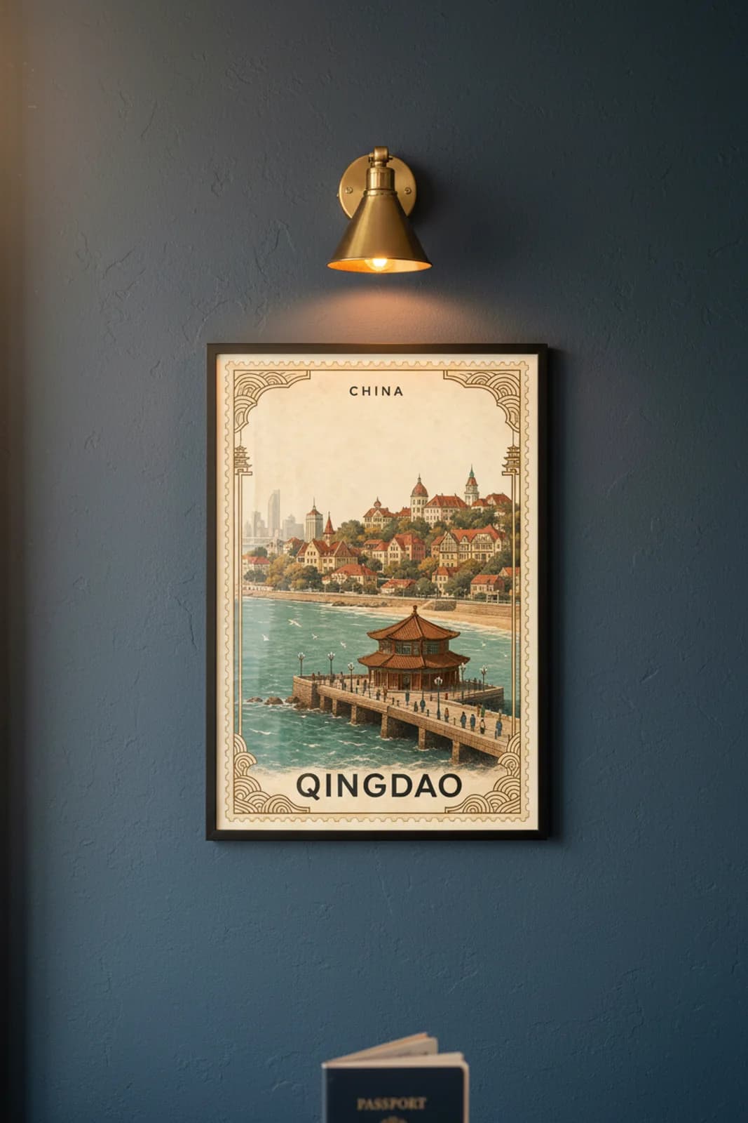 Qingdao city stamp print in black A2 frame on wcs-asia-7965 postage-indigo wall — City Stamps mockup