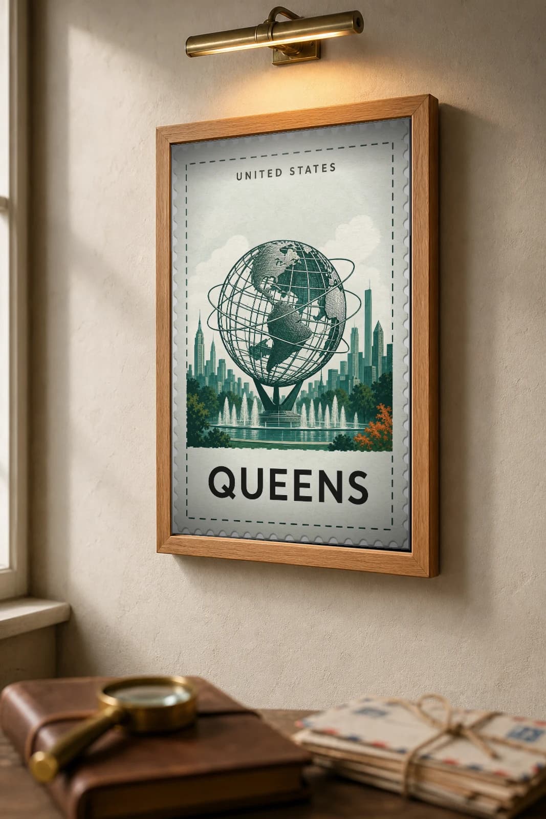 Queens City Stamp Poster — United States travel wall art · illustrated stamp print · framed A2 — the framed print shown at a three-quarter angle on a styled gallery wall in a natural-oak frame