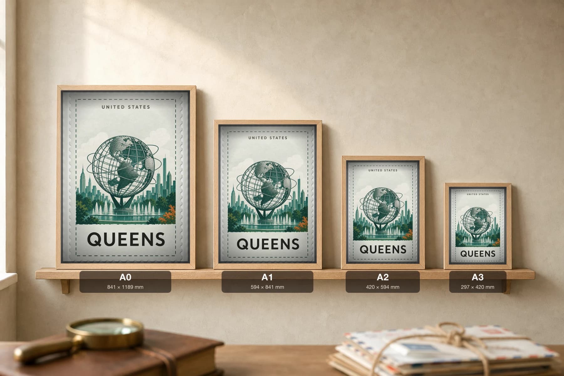 Queens City Stamp Poster — United States travel wall art · illustrated stamp print · framed A2 — print size guide showing the artwork at A0, A1, A2 and A3 in natural-oak frames at true relative scale