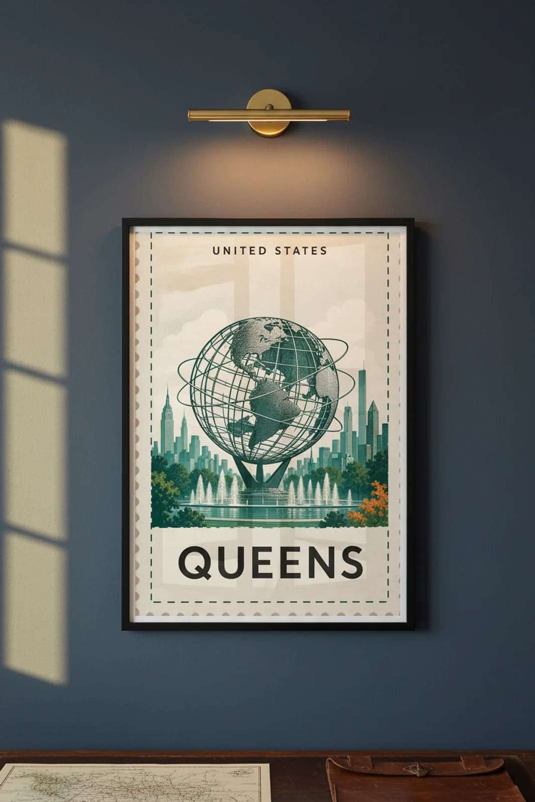 Queens city stamp print in black A2 frame on wcs-americas-7791 postage-indigo wall — City Stamps mockup