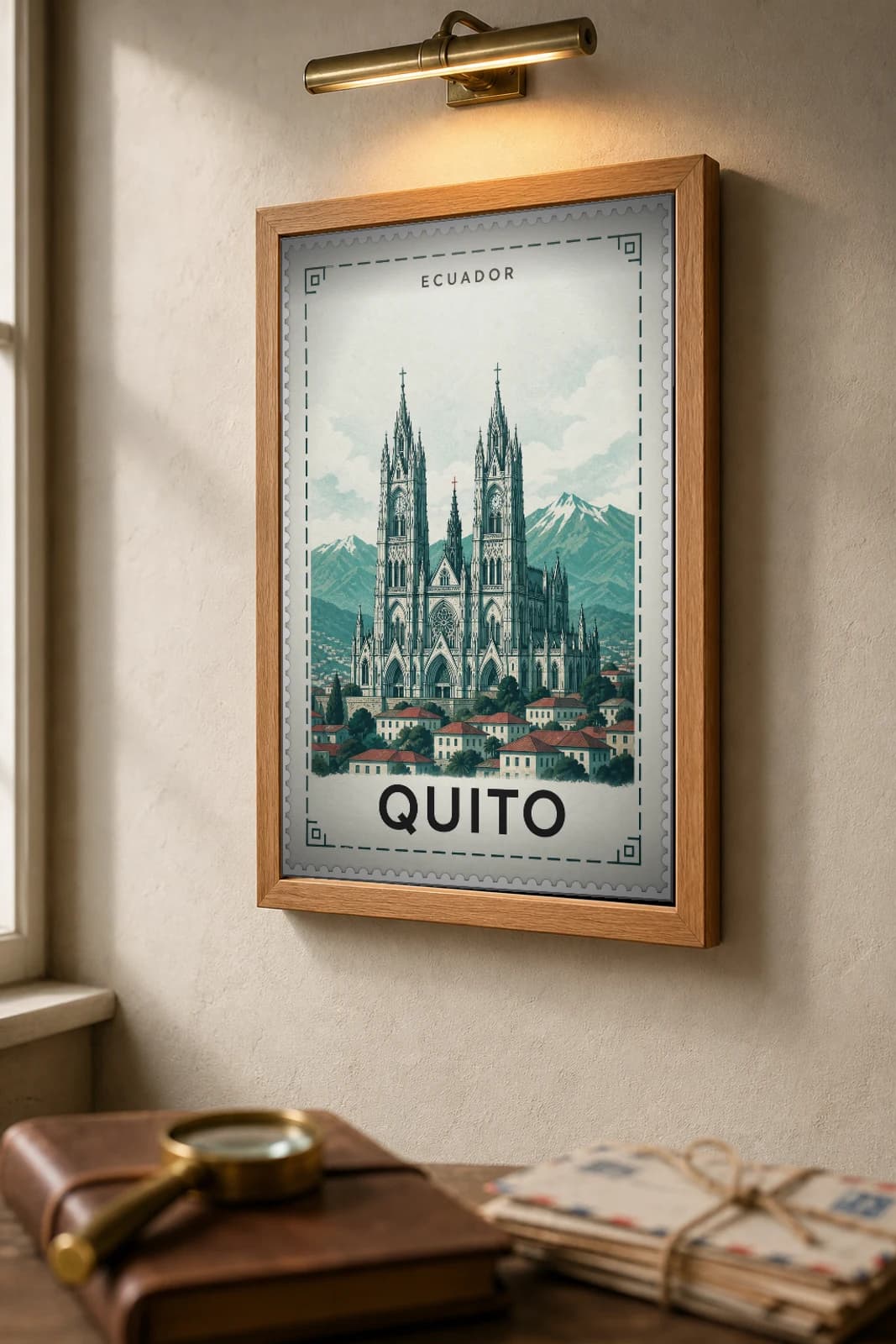 Quito City Stamp Poster — Ecuador travel wall art · illustrated stamp print · framed A2 — the framed print shown at a three-quarter angle on a styled gallery wall in a natural-oak frame