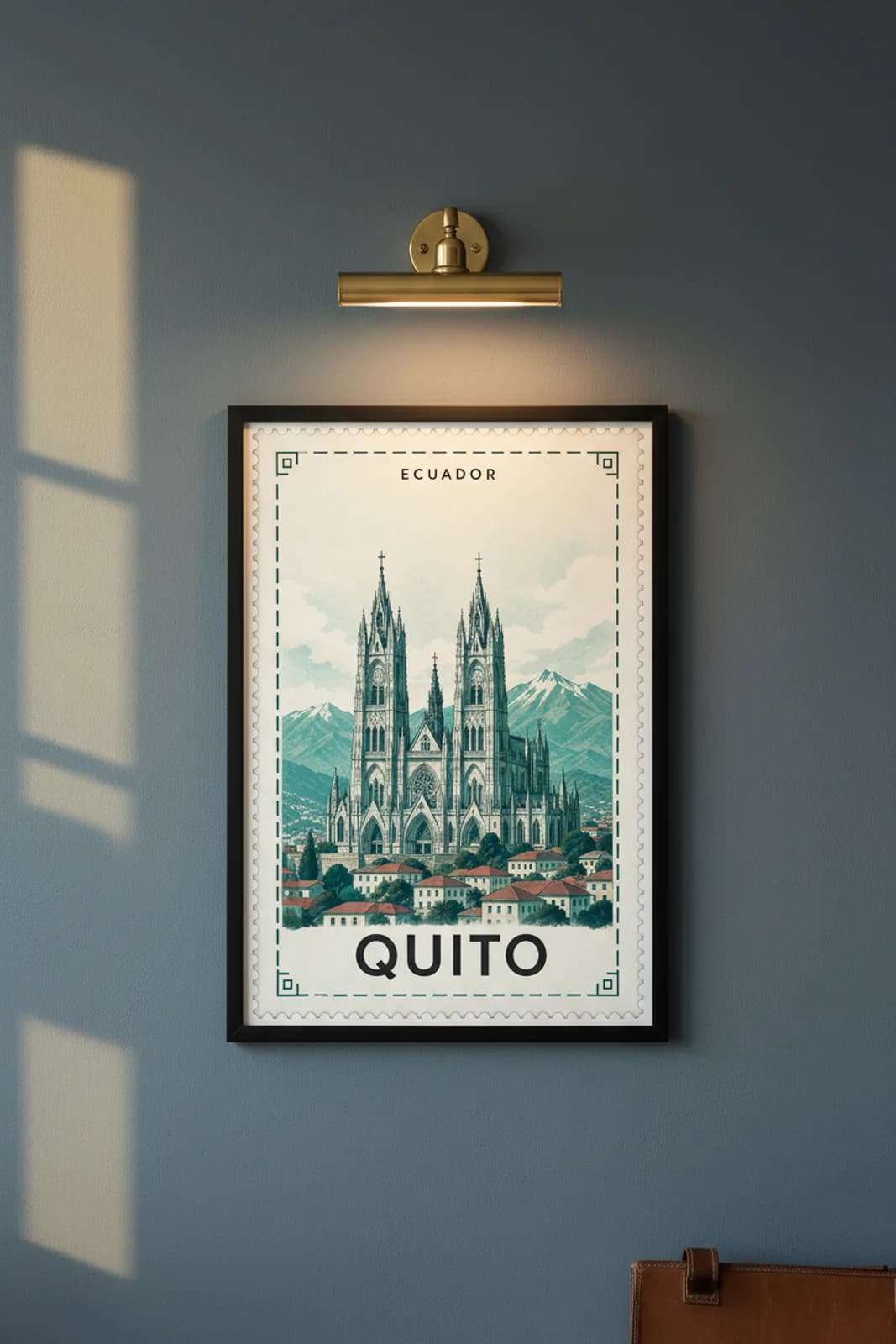 Quito city stamp print in black A2 frame on wcs-americas-2105 postage-indigo wall — City Stamps mockup