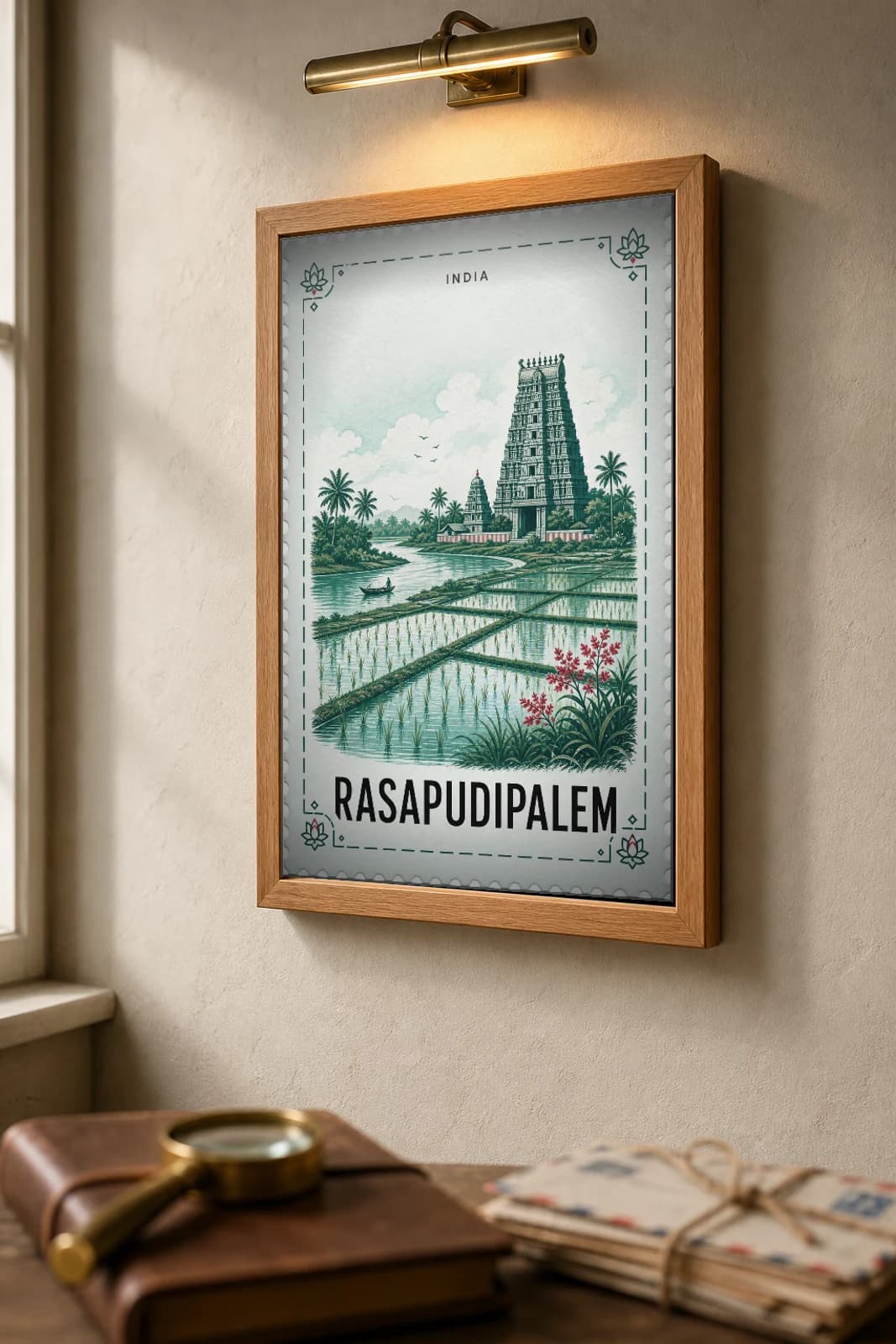 Rasapudipalem City Stamp Poster — India travel wall art · illustrated stamp print · framed A2 — the framed print shown at a three-quarter angle on a styled gallery wall in a natural-oak frame