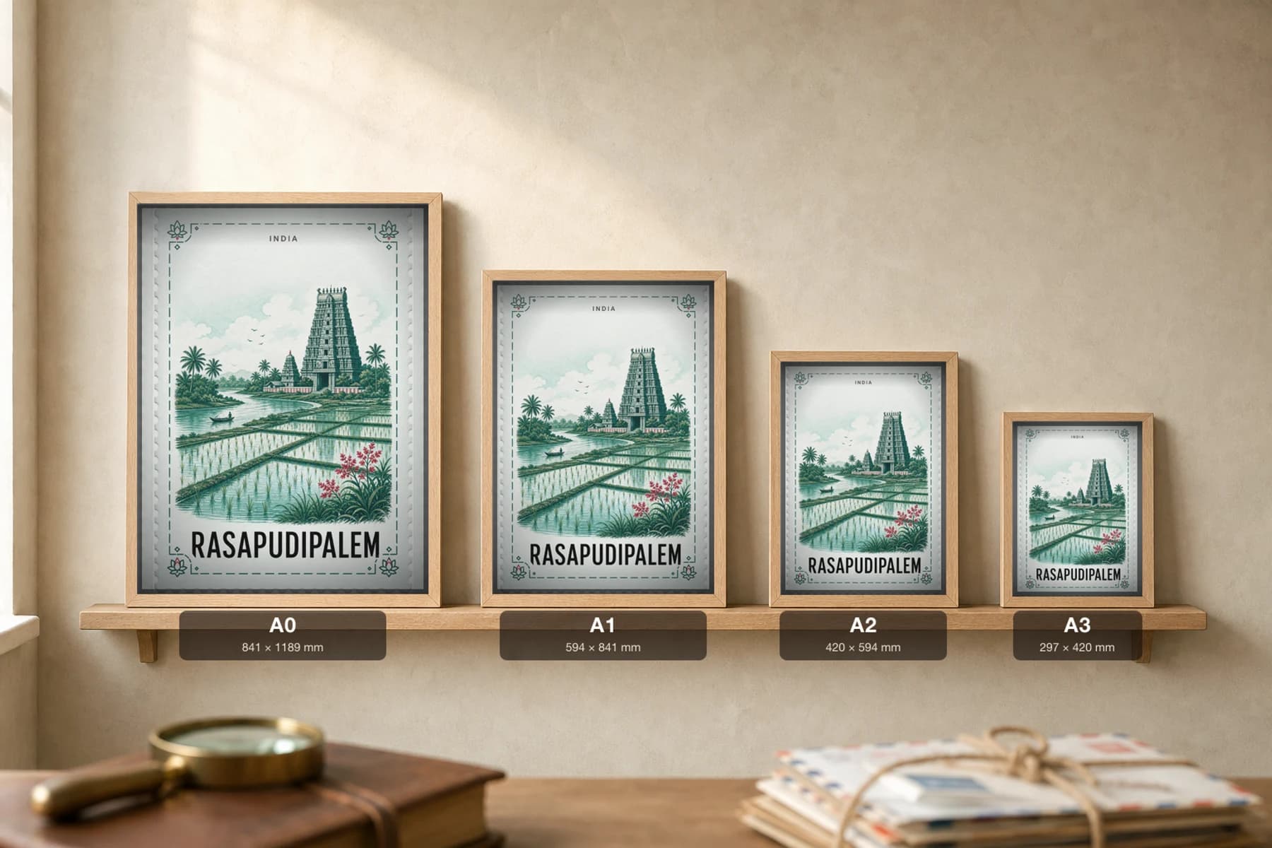 Rasapudipalem City Stamp Poster — India travel wall art · illustrated stamp print · framed A2 — print size guide showing the artwork at A0, A1, A2 and A3 in natural-oak frames at true relative scale