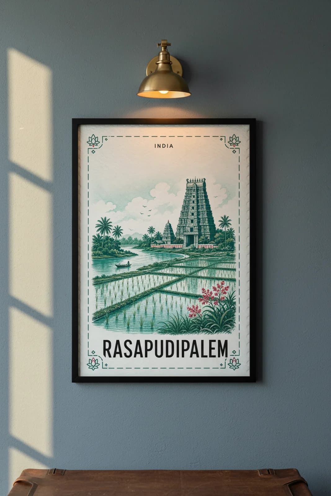 Rasapudipalem city stamp print in black A2 frame on wcs-asia-7715 postage-indigo wall — City Stamps mockup