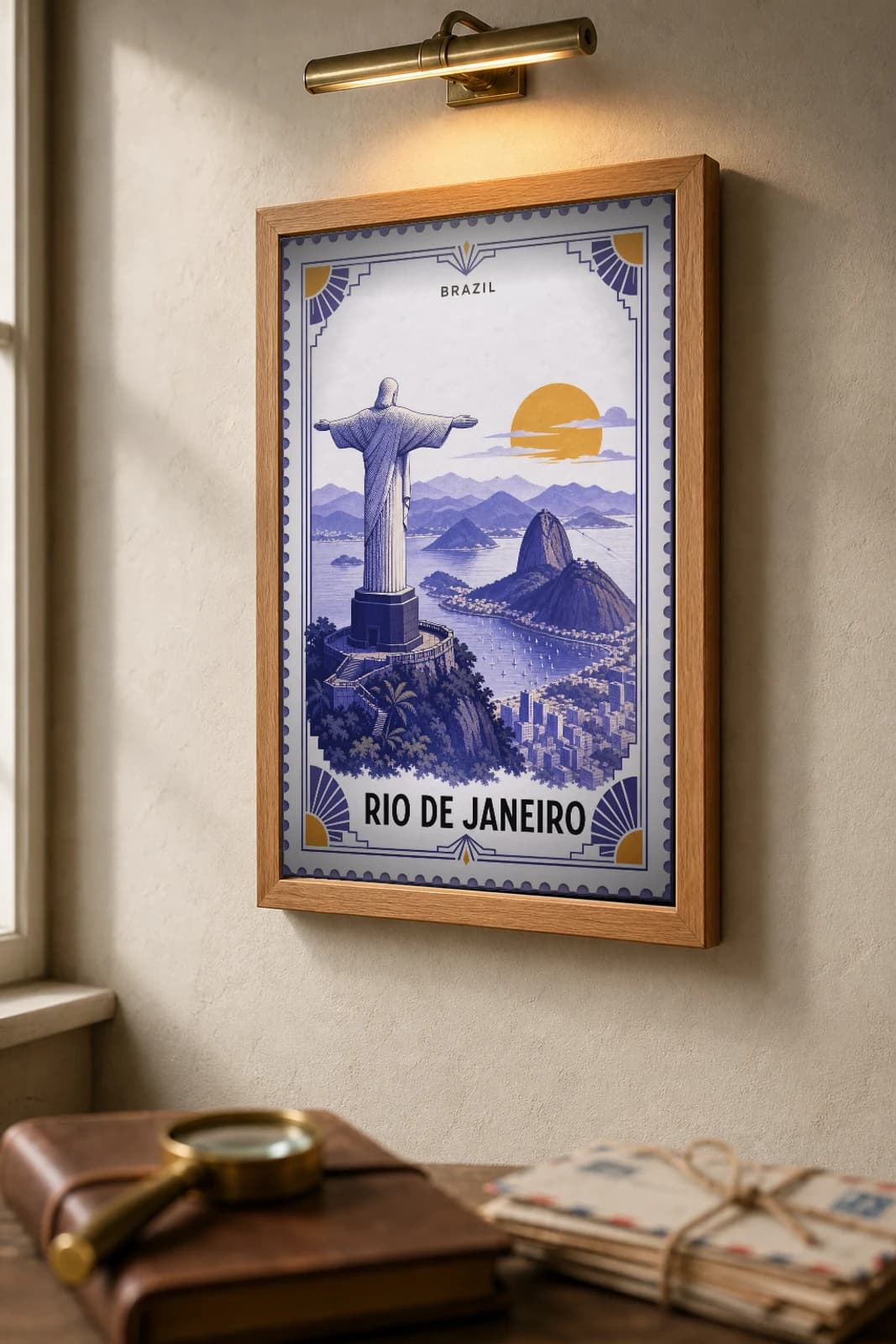 Rio De Janeiro City Stamp Poster — Brazil travel wall art · illustrated stamp print · framed A2 — the framed print shown at a three-quarter angle on a styled gallery wall in a natural-oak frame