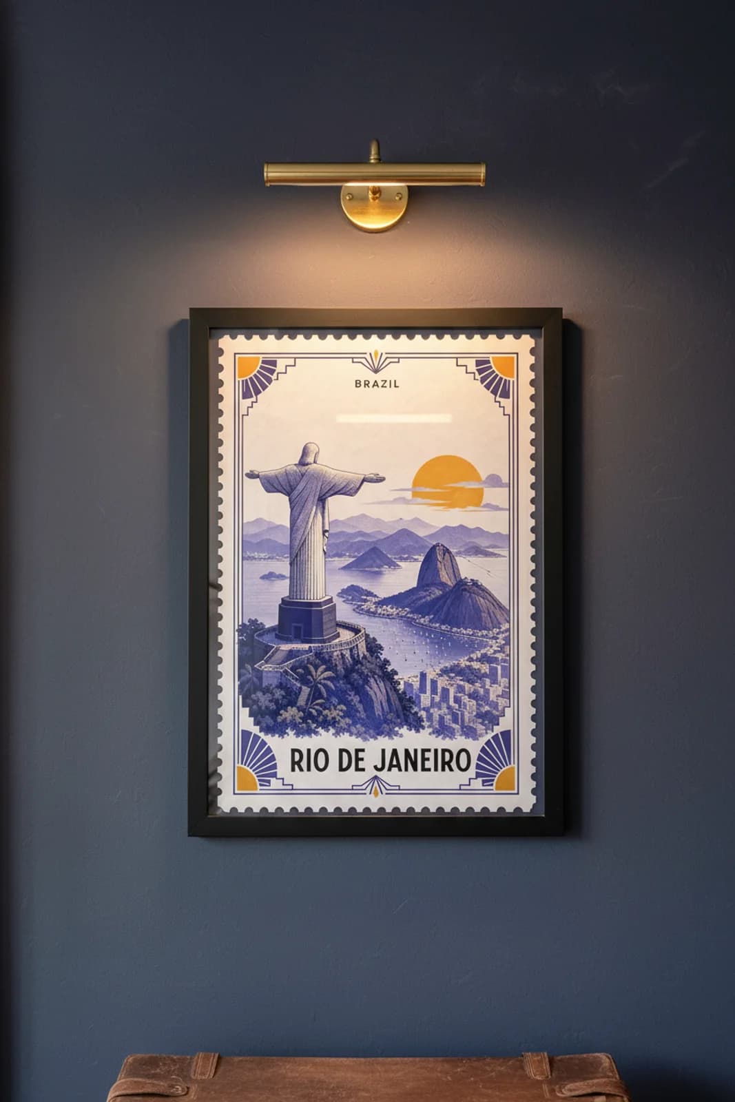 Rio De Janeiro city stamp print in black A2 frame on wcs-americas-6849 postage-indigo wall — City Stamps mockup