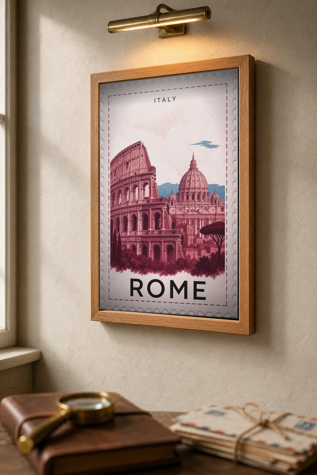 Rome City Stamp Poster — Italy travel wall art · illustrated stamp print · framed A2 — the framed print shown at a three-quarter angle on a styled gallery wall in a natural-oak frame