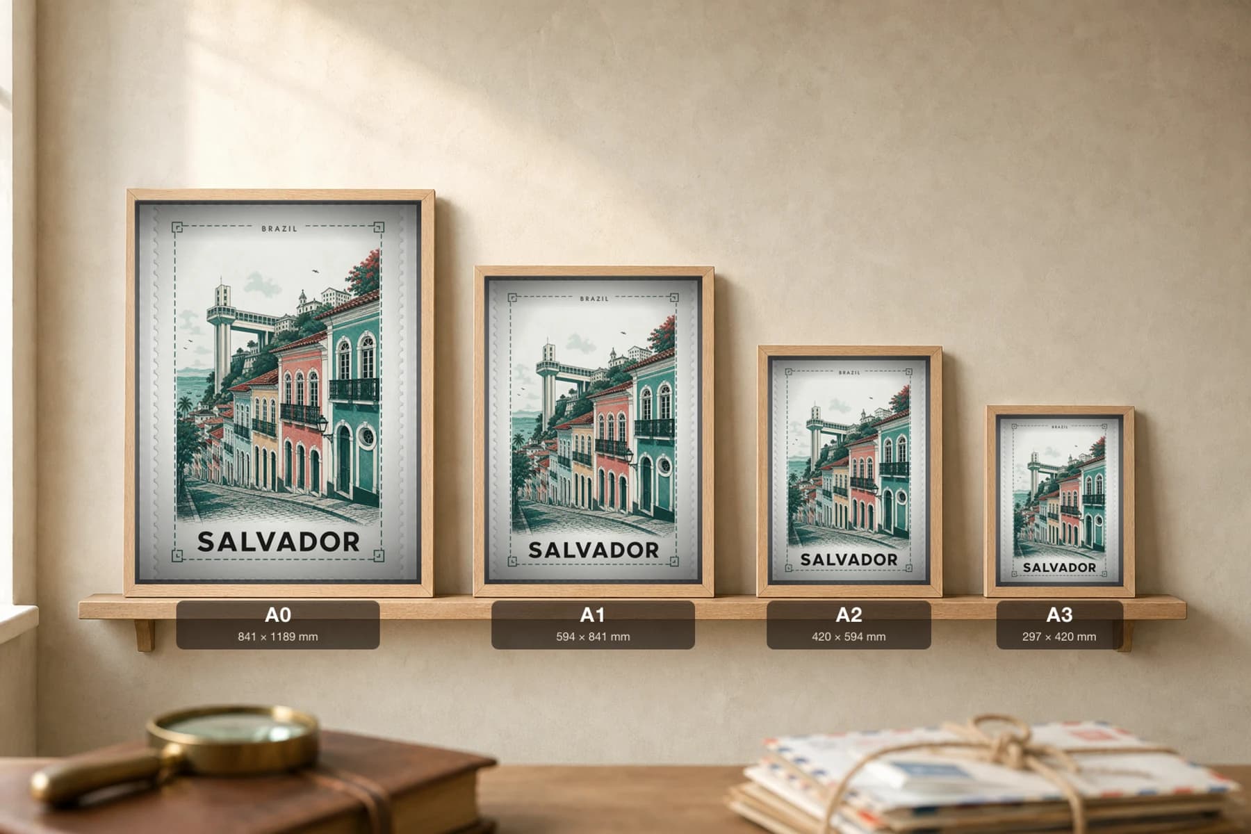 Salvador City Stamp Poster — Brazil travel wall art · illustrated stamp print · framed A2 — print size guide showing the artwork at A0, A1, A2 and A3 in natural-oak frames at true relative scale