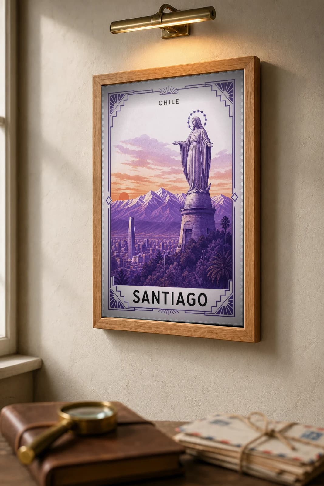 Santiago City Stamp Poster — Chile travel wall art · illustrated stamp print · framed A2 — the framed print shown at a three-quarter angle on a styled gallery wall in a natural-oak frame